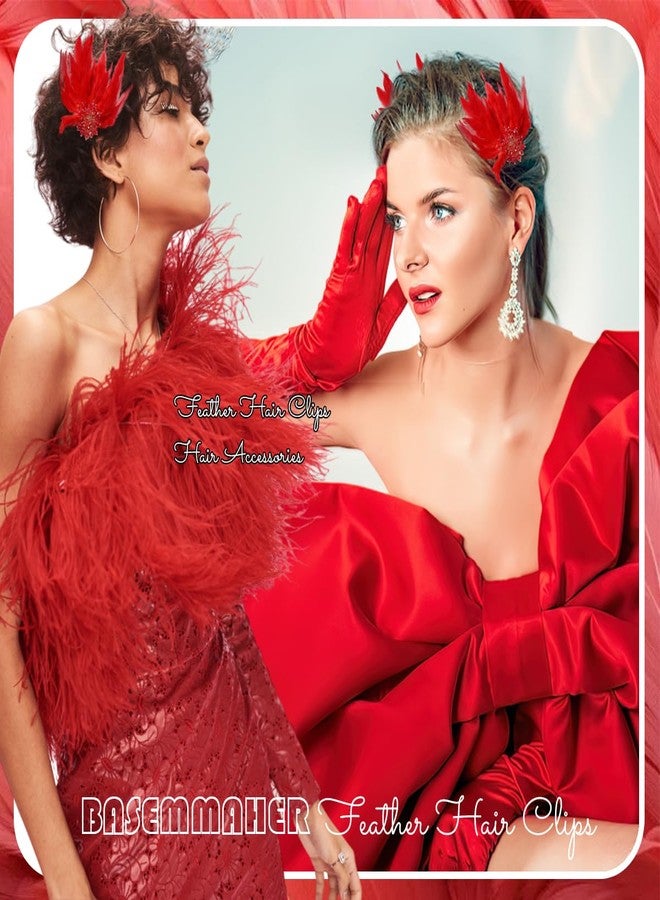 بيسماهير قطعتان من مشابك الشعر المزينة بالريش على طراز الباليه، مزينة بزهرة كريستالية وريش النعامة والبجعة، إكسسوارات شعر للنساء والفتيات والعرائس وحفلات الزفاف وعيد الحب والهالوين وعروض المسرح (أحمر) - Image 4